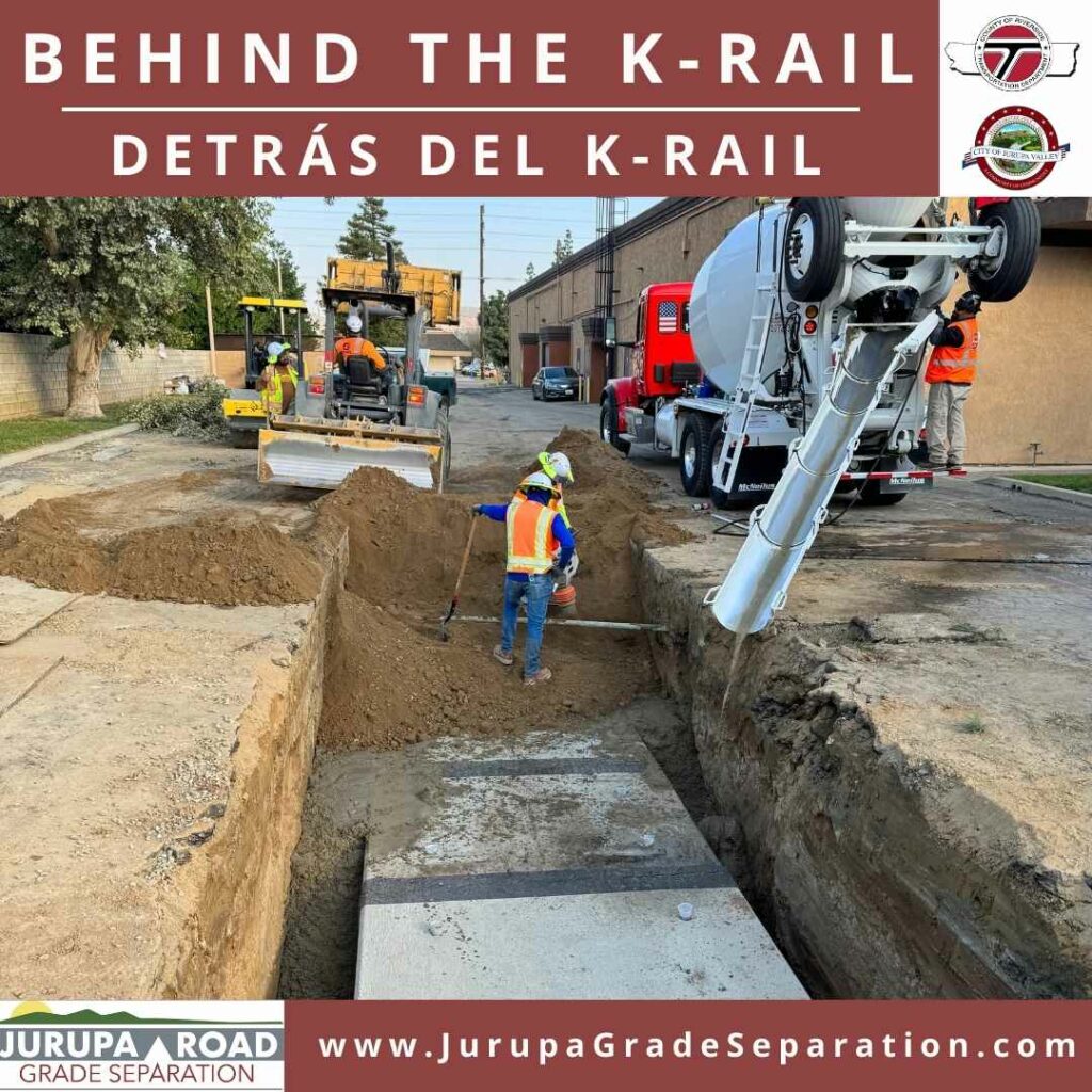 Crews are almost finished placing the concrete storm drain behind the shopping plazas on Felspar Street at Jurupa Road. 

Las tripulaciones casi terminan de colocar el desagüe pluvial de concreto detrás de las plazas comerciales en la calle Felspar en Jurupa Road.