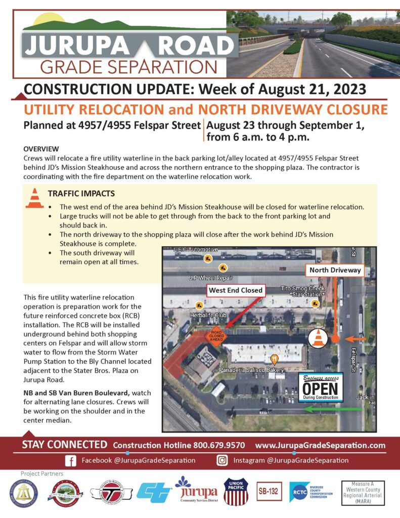 Utility relocation work resumes in the western Felspar St. business plaza. Expect crews working on Van Buren Blvd. with a lane closure.