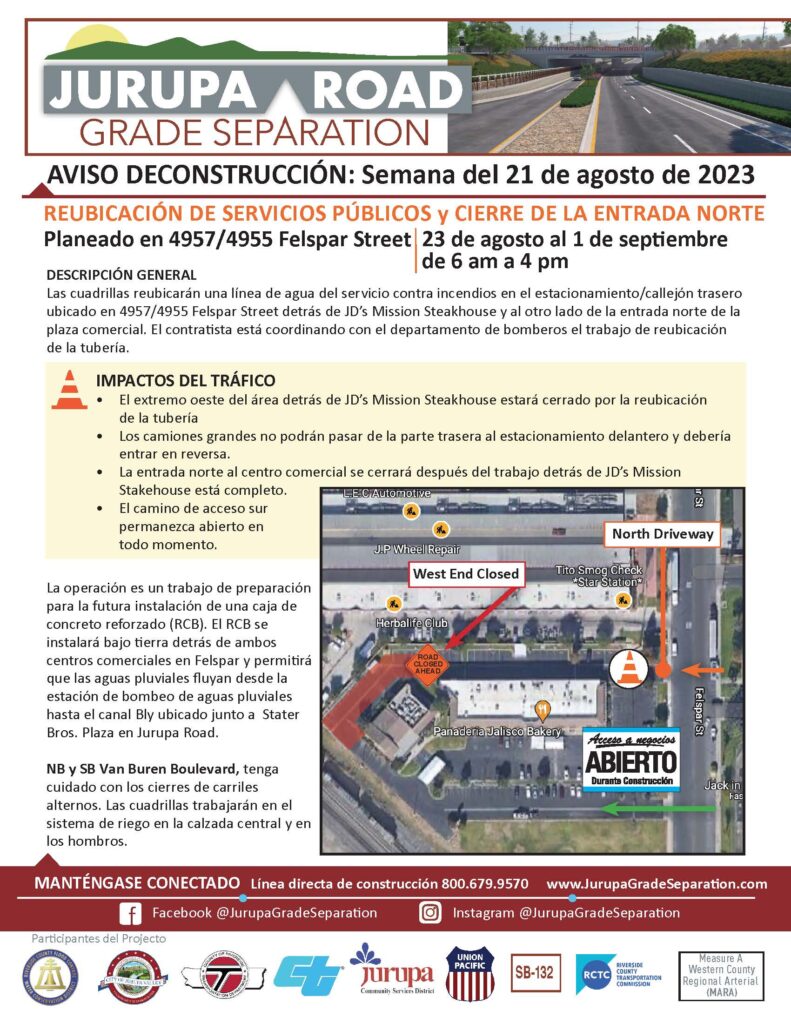 
​Look up details


135 / 5,000
Translation results
Translation result
star_border
Se reanuda el trabajo de reubicación de servicios públicos en la plaza comercial oeste de Felspar St. Espere equipos trabajando en Van Buren Blvd. con cierre de carril.